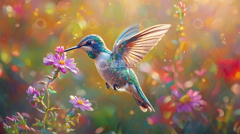 高清大图下载【趣麦麦图】蜂鸟与花朵的梦幻相遇