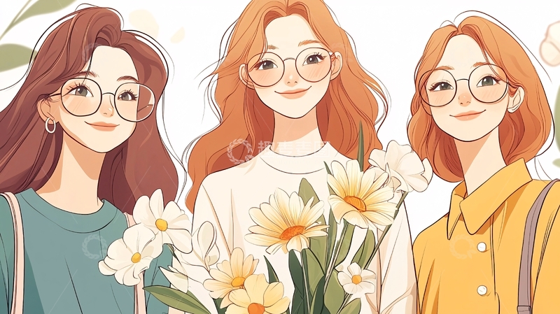 高清大图下载【趣麦麦图】三个女孩与花束插画