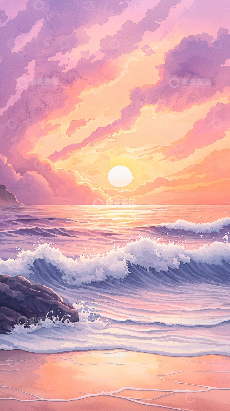 高清大图下载【趣麦麦图】日落海滩海浪沙滩风景