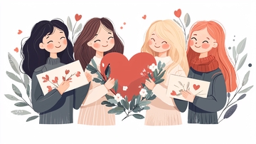 四人手捧心形卡片插画