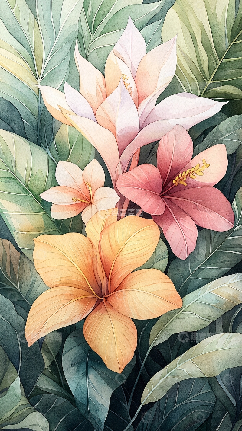 高清大图下载【趣麦麦图】热带花卉与绿叶背景插画