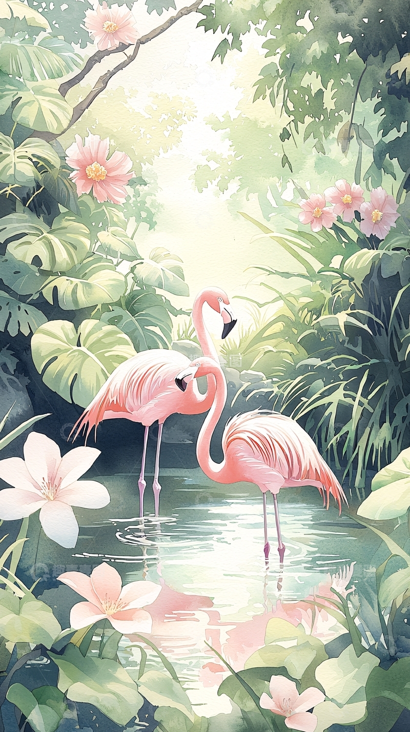 高清大图下载【趣麦麦图】粉红火烈鸟与热带植物