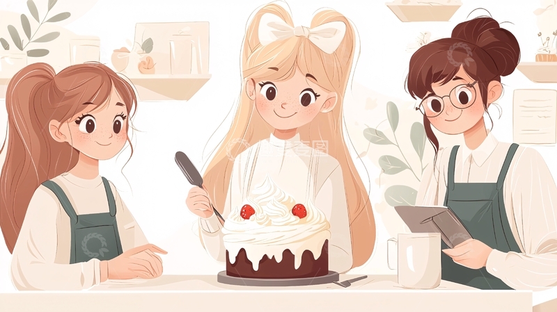 高清大图下载【趣麦麦图】烘焙师与蛋糕的温馨时光