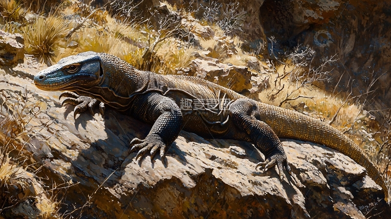 高清大图下载【趣麦麦图】巨蜥爬行在岩石上的场景