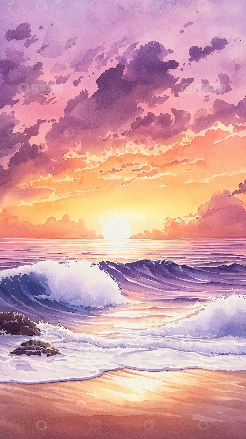 高清大图下载【趣麦麦图】日落海滩海浪沙滩风景