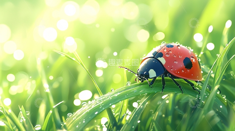 高清大图下载【趣麦麦图】夏日草地上的瓢虫