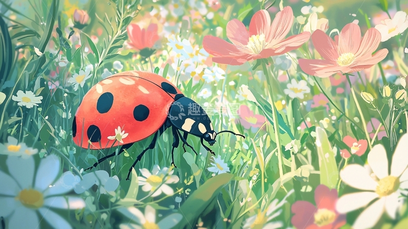 高清大图下载【趣麦麦图】夏日花丛中的瓢虫