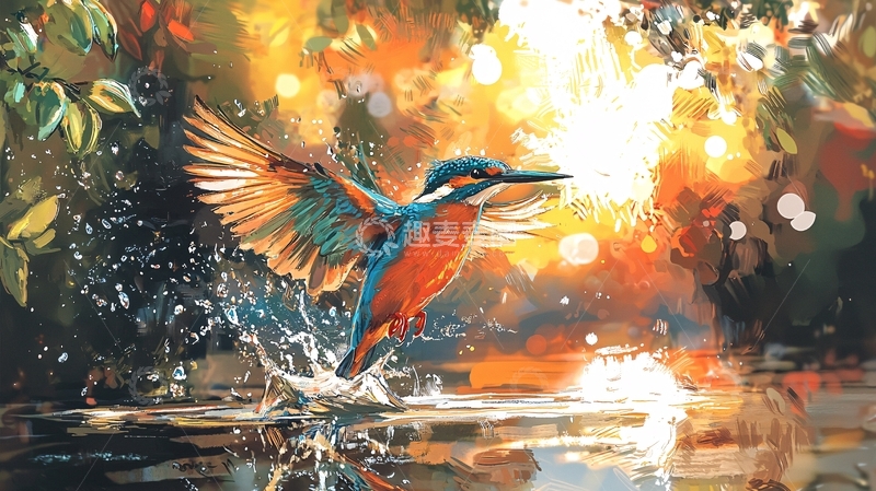 高清大图下载【趣麦麦图】水边的翠鸟动态插画