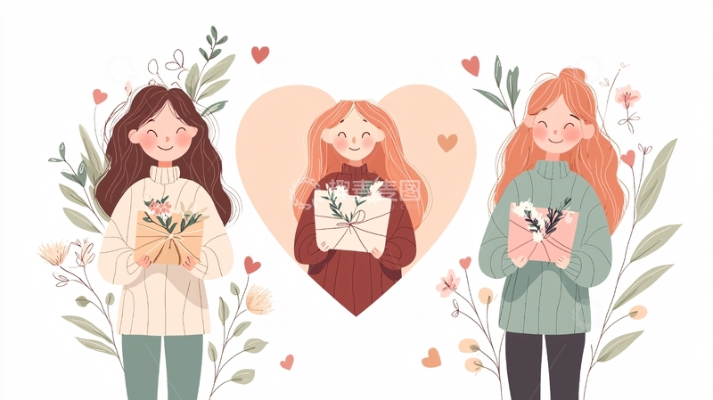 高清大图下载【趣麦麦图】三个女孩拿着花束的插画