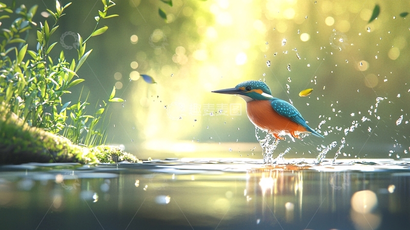 高清大图下载【趣麦麦图】阳光下的翠鸟与水花