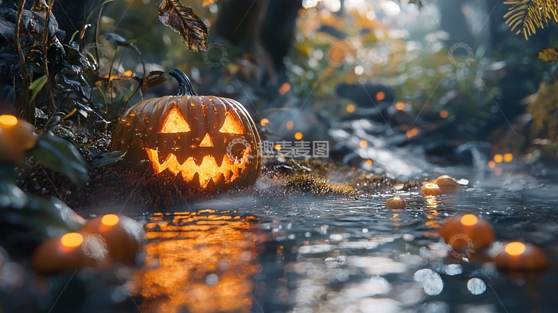 高清大图下载【趣麦麦图】万圣节南瓜灯与水中的光影