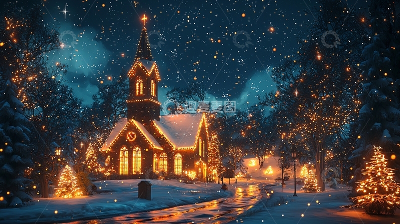 高清大图下载【趣麦麦图】圣诞夜教堂灯光