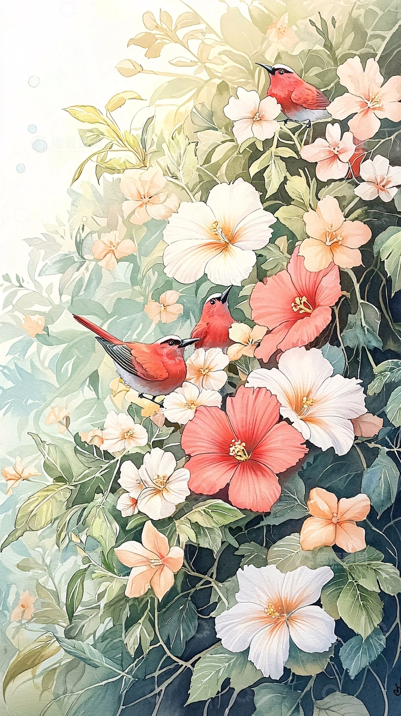 高清大图下载【趣麦麦图】热带花鸟插画艺术背景