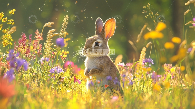 高清大图下载【趣麦麦图】阳光下的小兔子与花海