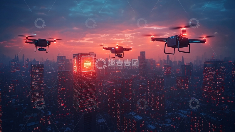 高清大图下载【趣麦麦图】科技未来感的无人机快递城市
