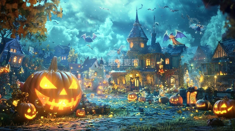 高清大图下载【趣麦麦图】万圣节南瓜灯与鬼屋夜景