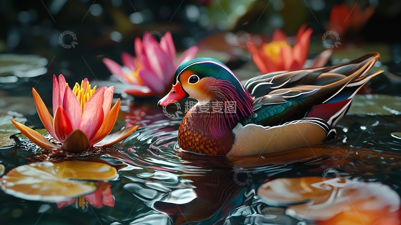 高清大图下载【趣麦麦图】鸳鸯与睡莲的宁静水面