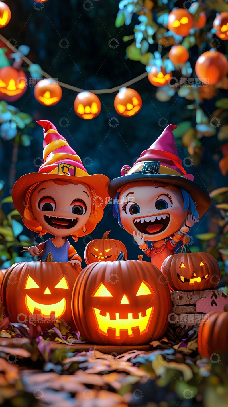 高清大图下载【趣麦麦图】万圣节南瓜灯与小巫女