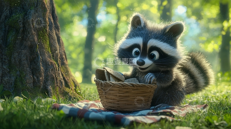 高清大图下载【趣麦麦图】森林里的小浣熊与篮子