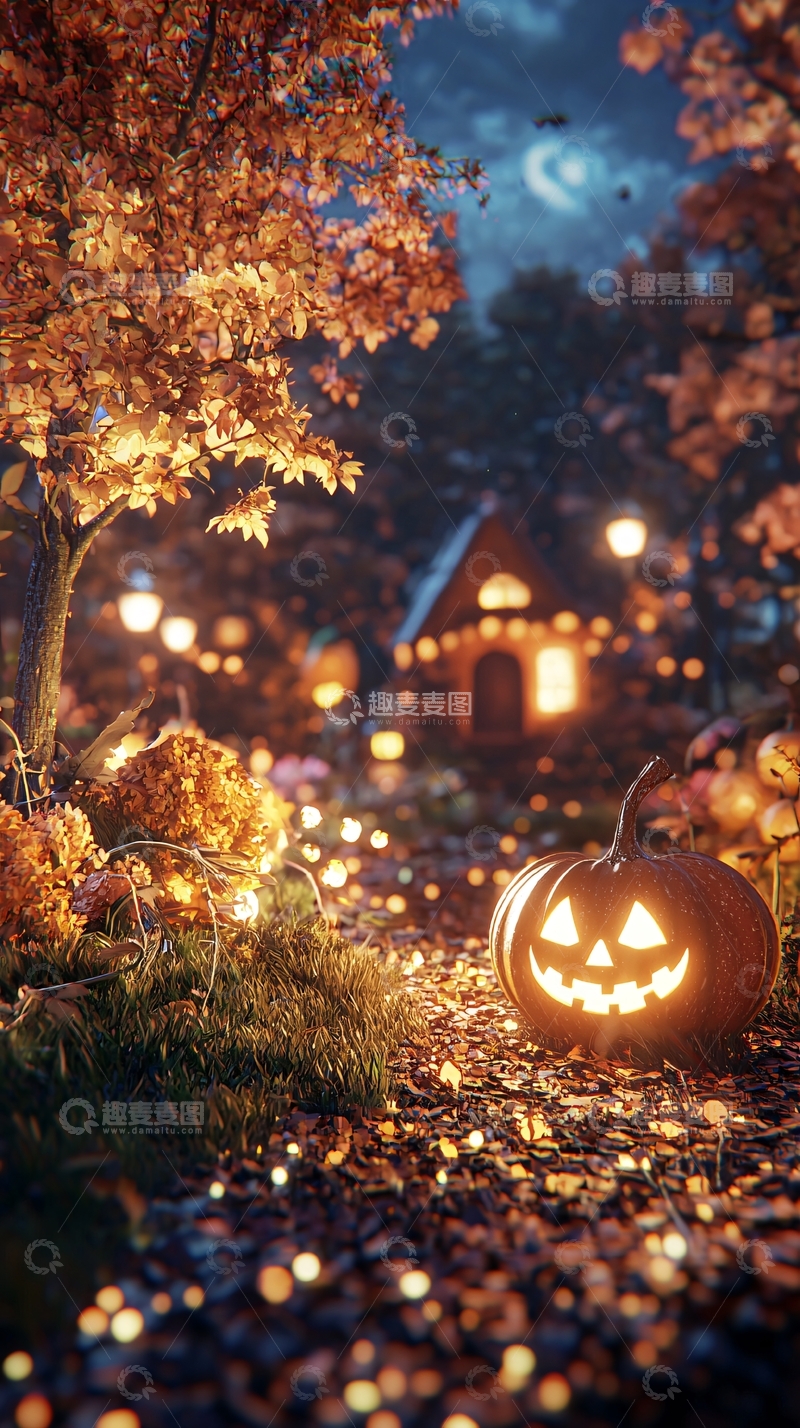高清大图下载【趣麦麦图】秋夜南瓜灯下的小屋