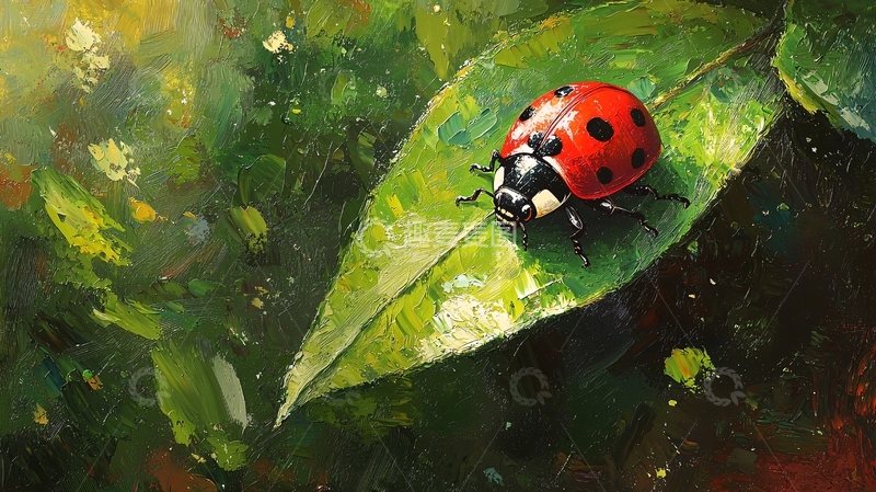 高清大图下载【趣麦麦图】红色瓢虫在绿色叶子上
