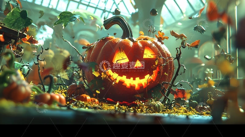 高清大图下载【趣麦麦图】万圣节南瓜灯与落叶