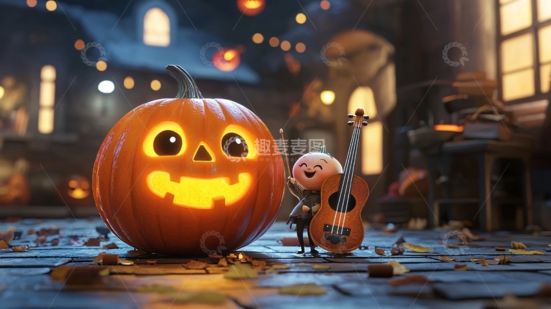 高清大图下载【趣麦麦图】万圣节南瓜与小提琴的温馨场景
