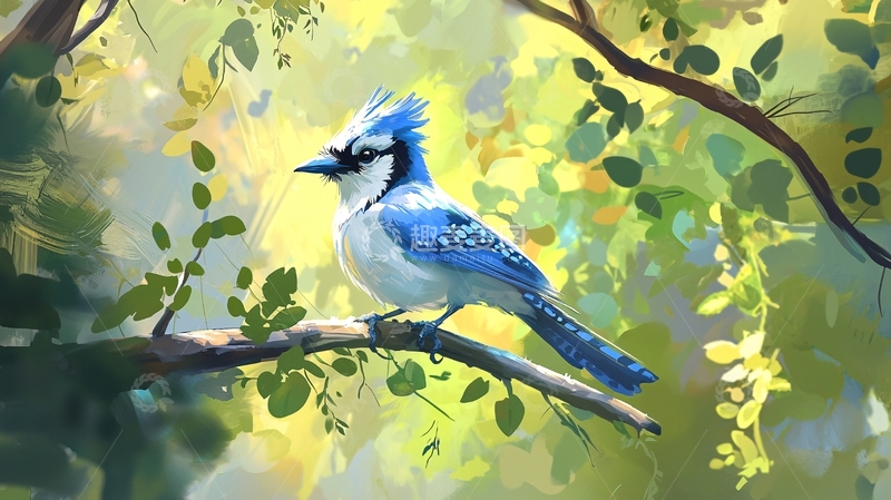 高清大图下载【趣麦麦图】蓝头鸦栖息在树枝上