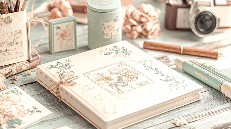 高清大图下载【趣麦麦图】复古手绘花卉笔记本与文具摆拍