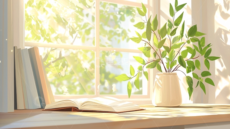 高清大图下载【趣麦麦图】阳光窗台上的书与绿植