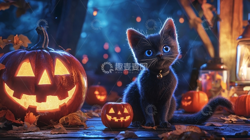 高清大图下载【趣麦麦图】万圣节黑猫与南瓜灯