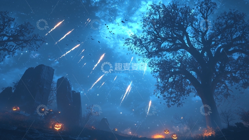 高清大图下载【趣麦麦图】夜空流星下的神秘森林