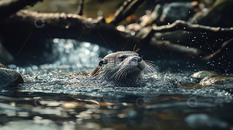 高清大图下载【趣麦麦图】水中嬉戏的水獭