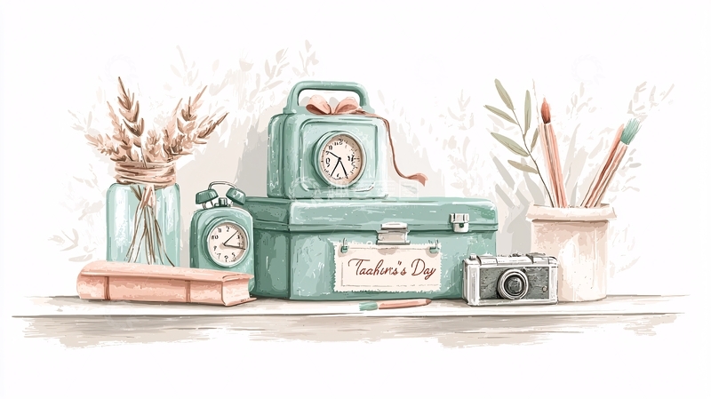 高清大图下载【趣麦麦图】复古旅行箱与文具装饰插画