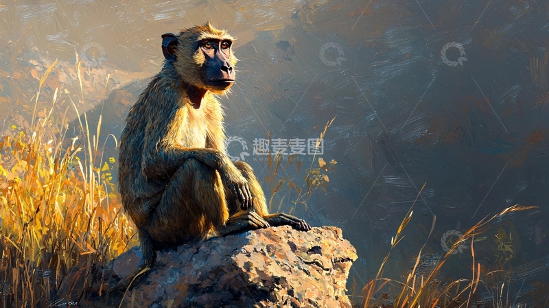 高清大图下载【趣麦麦图】山间猴子油画写意风景