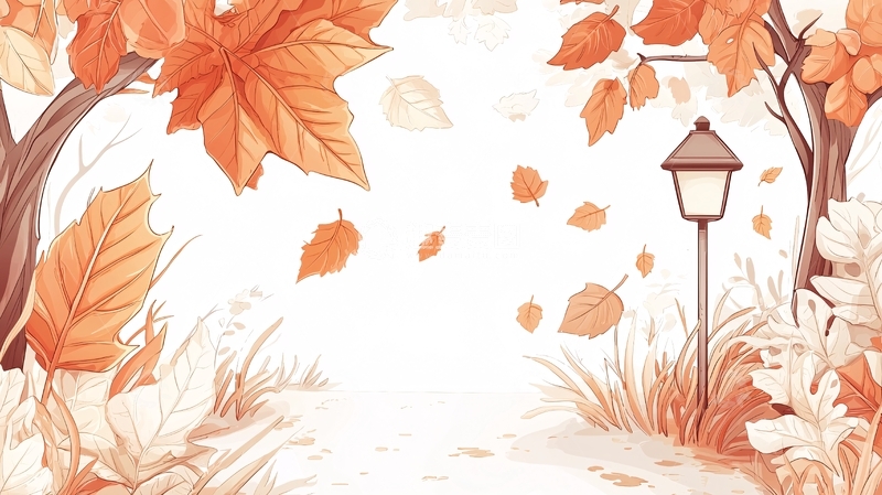 高清大图下载【趣麦麦图】秋日落叶灯柱风景图