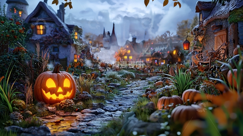 高清大图下载【趣麦麦图】万圣节村庄夜景