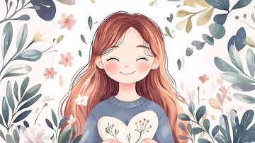 甜美微笑的女孩与花卉背景