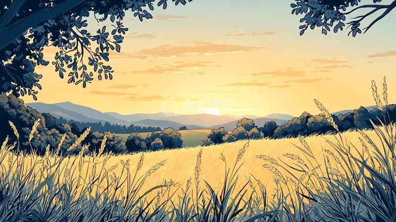 高清大图下载【趣麦麦图】夕阳下的麦田风景