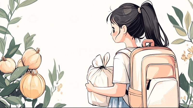 高清大图下载【趣麦麦图】背着书包的女孩与南瓜