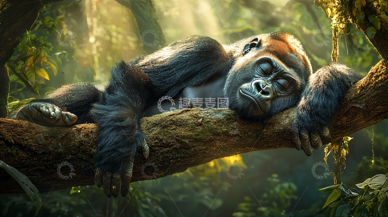 高清大图下载【趣麦麦图】森林中的休息大猩猩