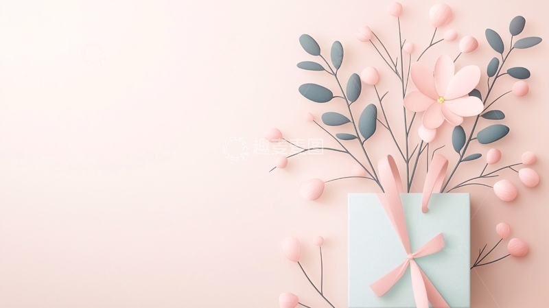 高清大图下载【趣麦麦图】粉色礼物盒与花卉装饰背景