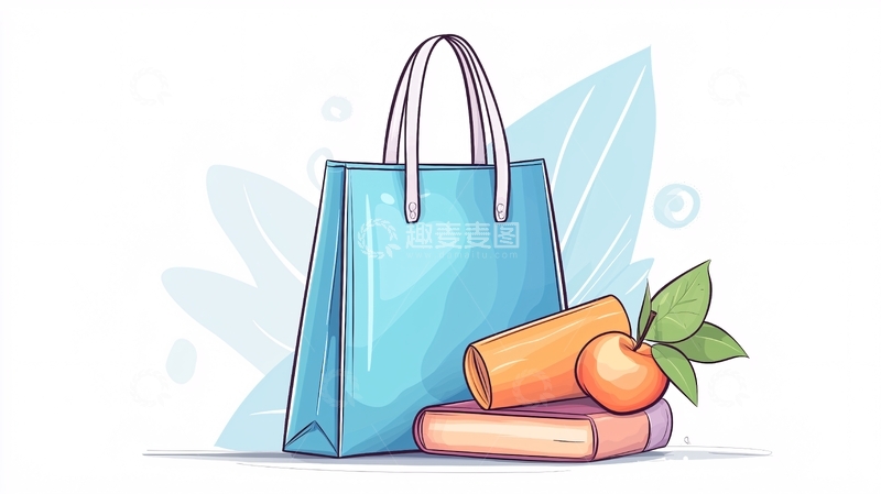 高清大图下载【趣麦麦图】购物袋与书籍水果插画