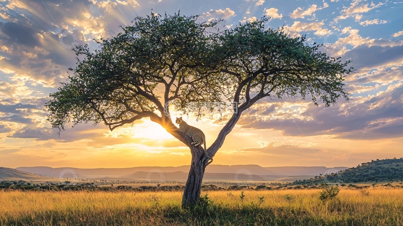 高清大图下载【趣麦麦图】非洲日落下的猎豹与树