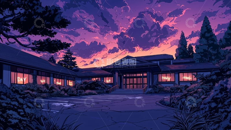 高清大图下载【趣麦麦图】紫色黄昏下的建筑群