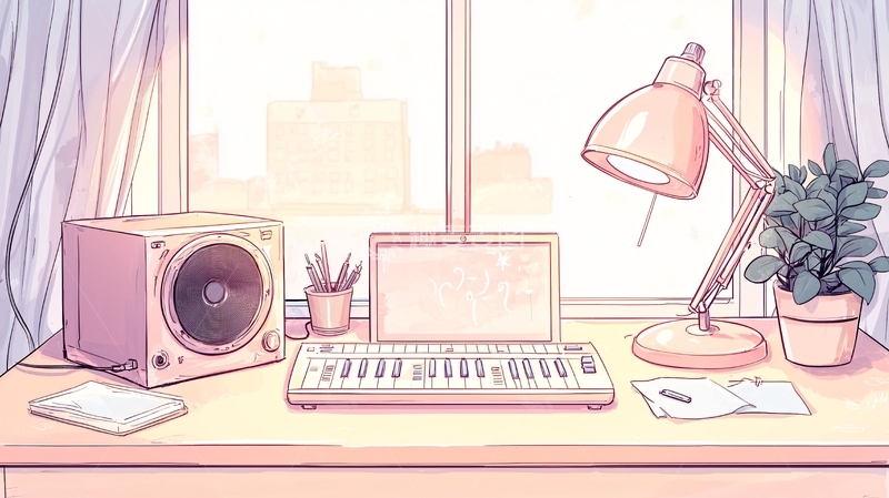 高清大图下载【趣麦麦图】温馨书房桌上的笔记本电脑与音响