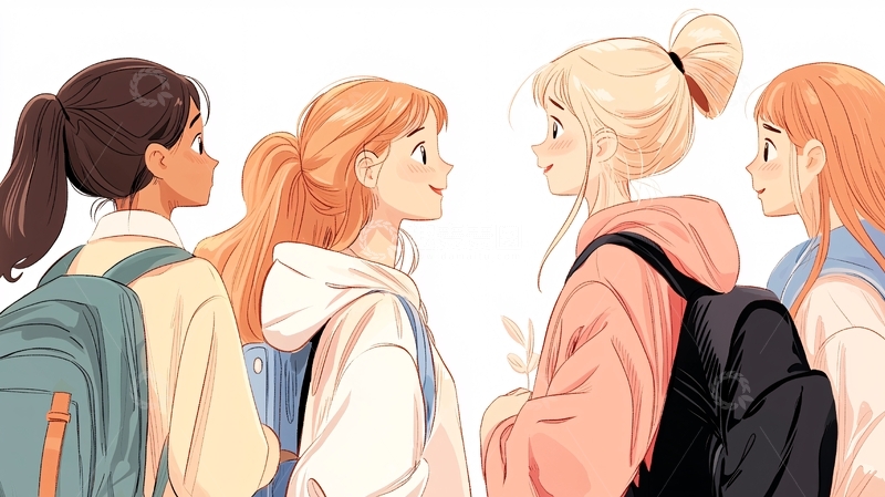 高清大图下载【趣麦麦图】四个女孩背着书包交谈