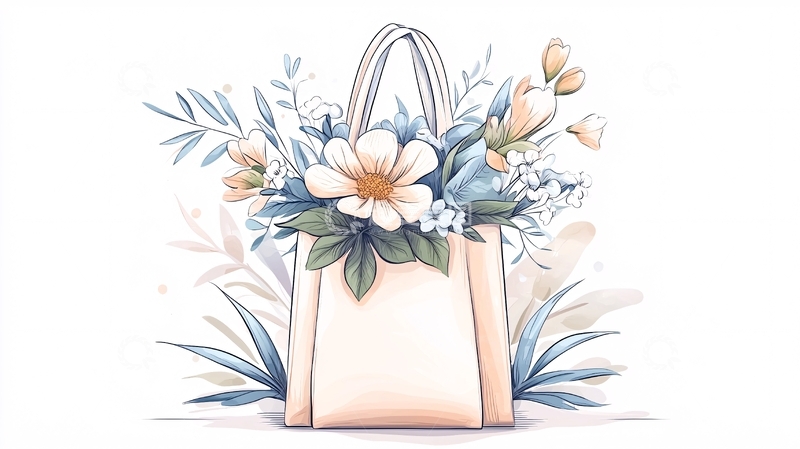 高清大图下载【趣麦麦图】购物袋与鲜花插画