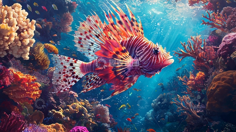 高清大图下载【趣麦麦图】海底狮子鱼与珊瑚礁