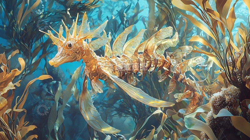 高清大图下载【趣麦麦图】海洋生物：叶形海龙与海藻